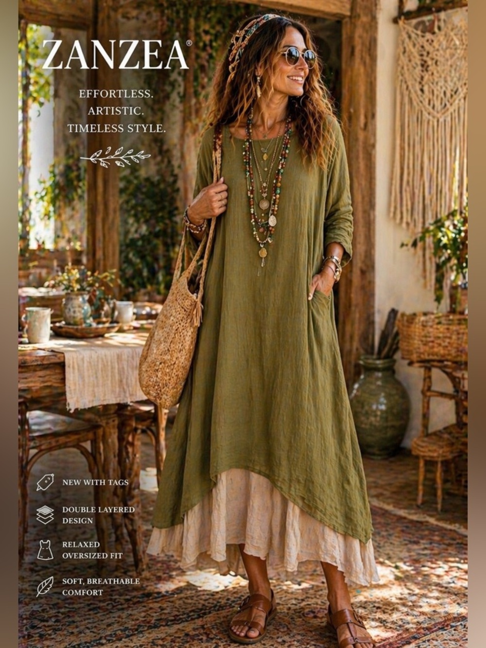 NWT Zanezea,Green & Beige Maxi Dress, Long Sleeves, Double Layered, Wow! 14